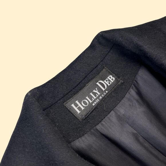 70s/80s wool trench coat by Holly Deb, vintage black jacket w gold-toned buttons - Picture 3 of 9